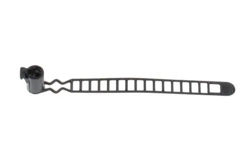 Schwarzer Kabelbinder von Bosch mit einer geschwungenen Halterung und mehreren Einstellmöglichkeiten zur Fixierung. Ideal für technische Anwendungen und Kabelmanagement.